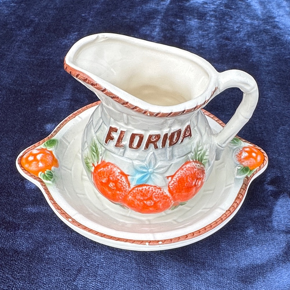 Vintage 1950s Florida Orange Ceramic Pitcher with Matching Saucer